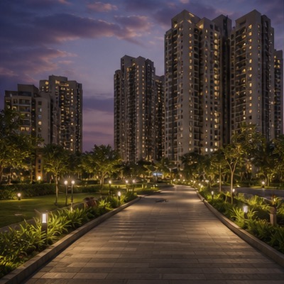 Evening pathway through modern apartment towers