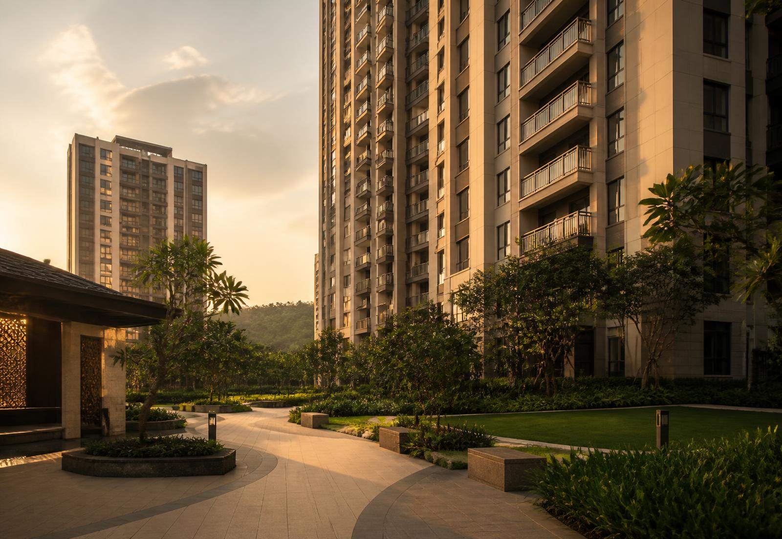 Landscaped entrance of a modern gated apartment community at golden hour